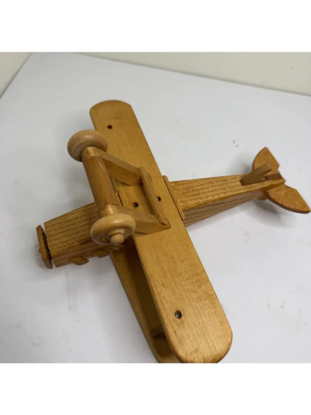 Vintage Natural Wood Handcrafted Wooden Double Wing Biplane Toy Collectible